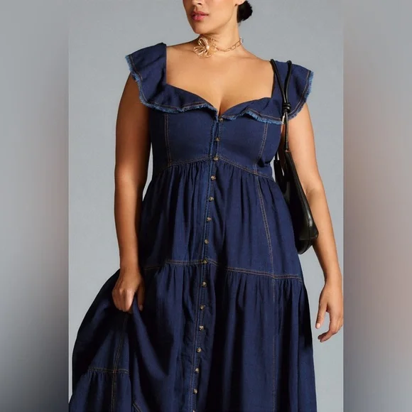 NEW Anthropologie Pilcro Sweetheart Flutter-Sleeve Denim Buttondown Dress 1X - Picture 3 of 6